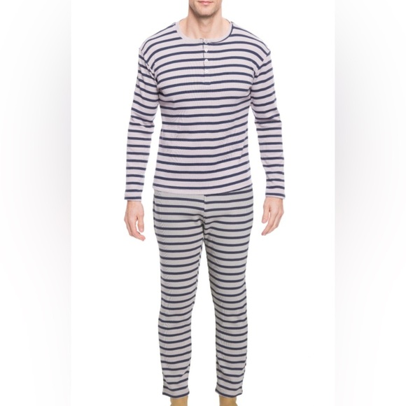 ⚡️Noble Mount Men's Waffle Knit Henley Lounge Set -Stripes Heather Grey Navy - M - Picture 1 of 2